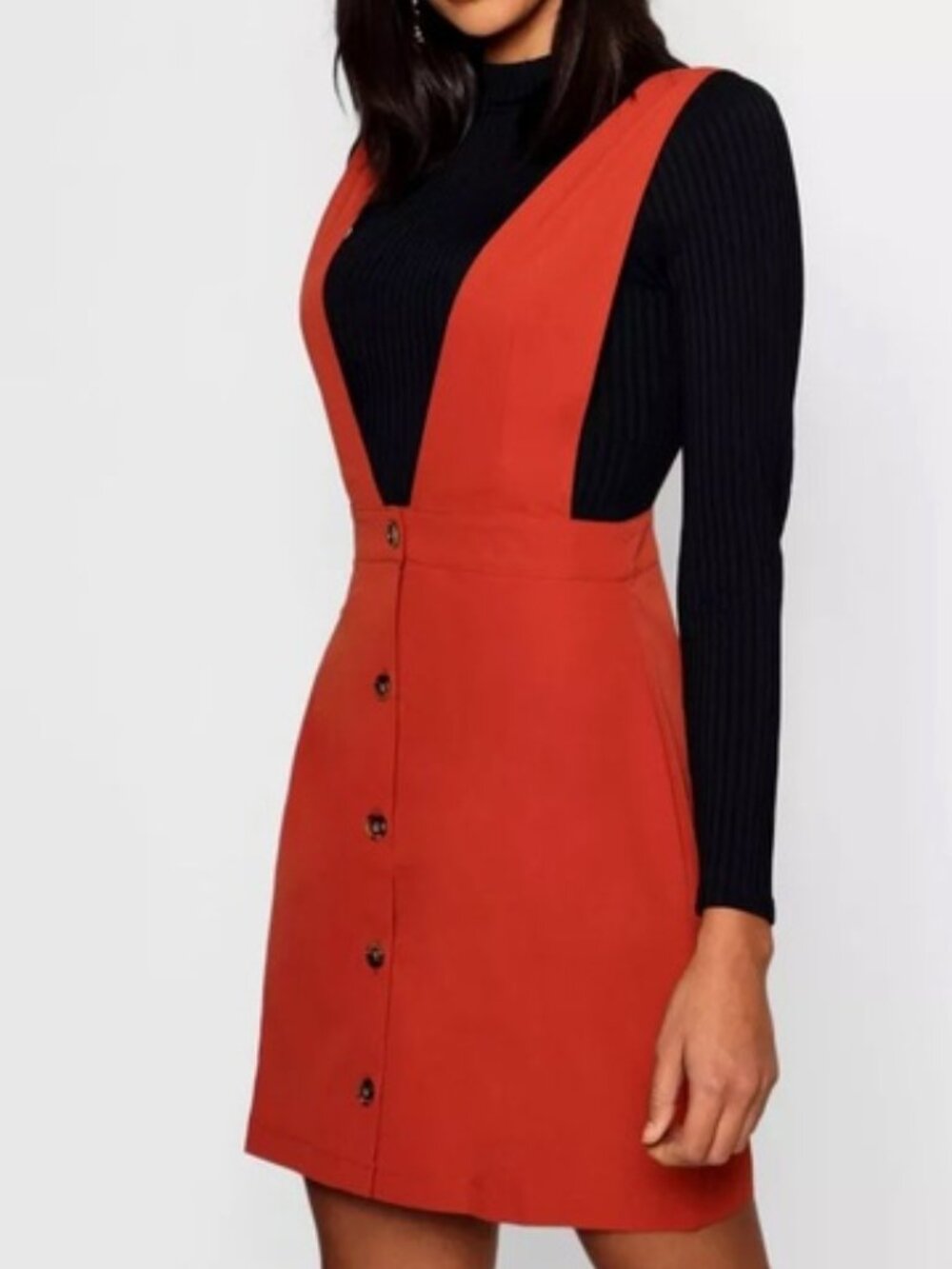 NWT Boohoo Plunge Front Button Pinafore Minimalist Chic Poet Core Dress